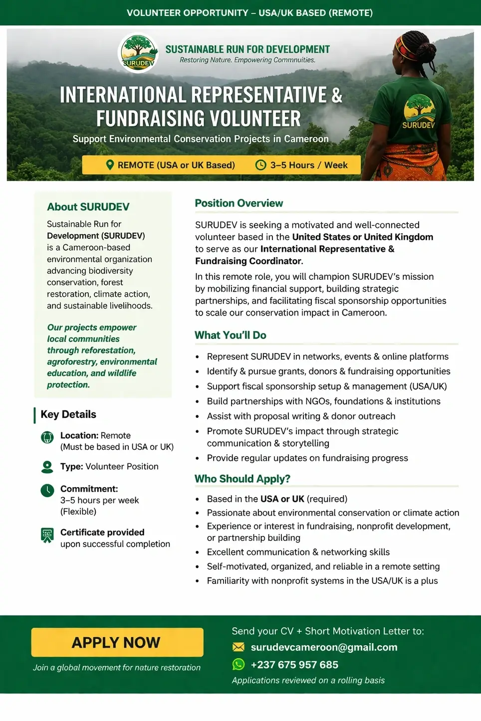 International Representative and Fundraising Volunteer (USA/UK)-Remote