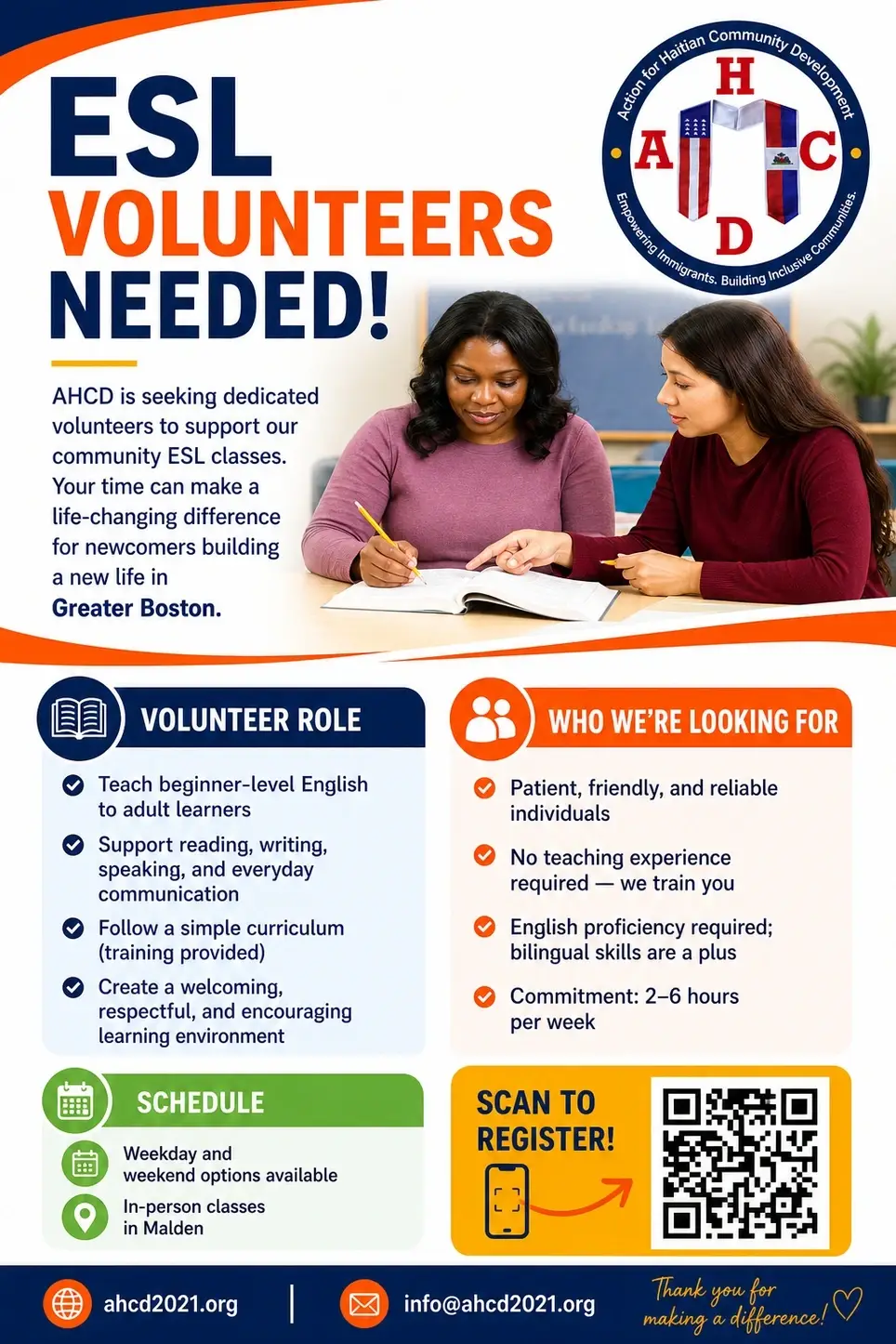 Volunteer ESOL Instructor – Help Adult Immigrants Learn English and Digital Literacy Skills