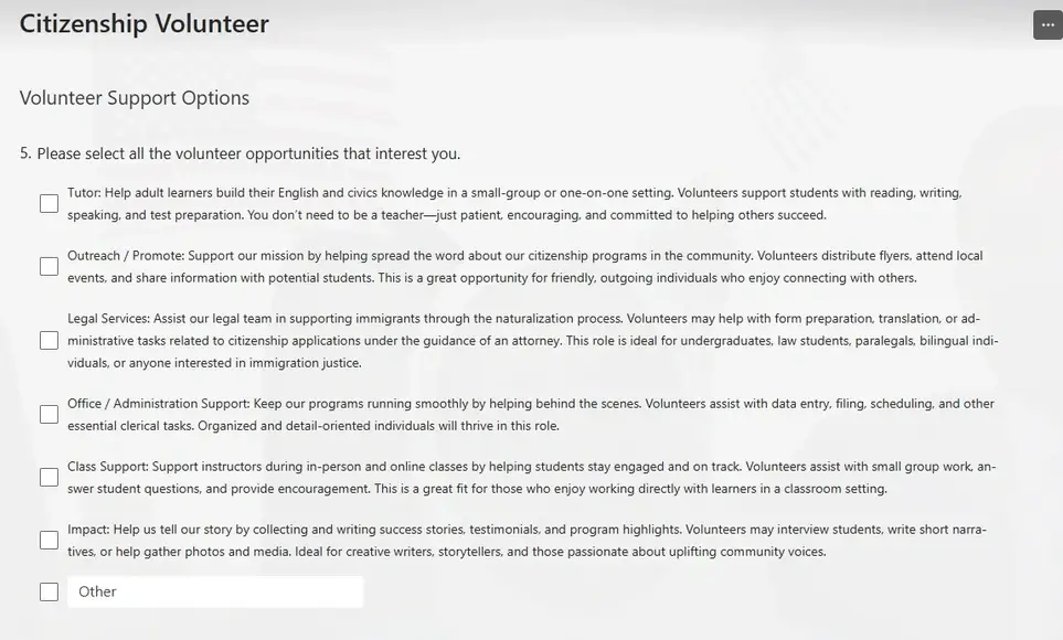 Volunteers in Need for Citizenship classes
