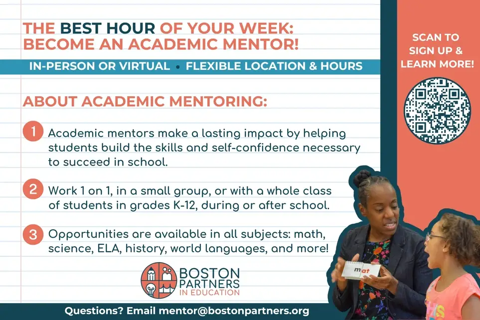 Male Volunteer Academic Mentors needed for 25/26 School Year in Boston Public Schools! 