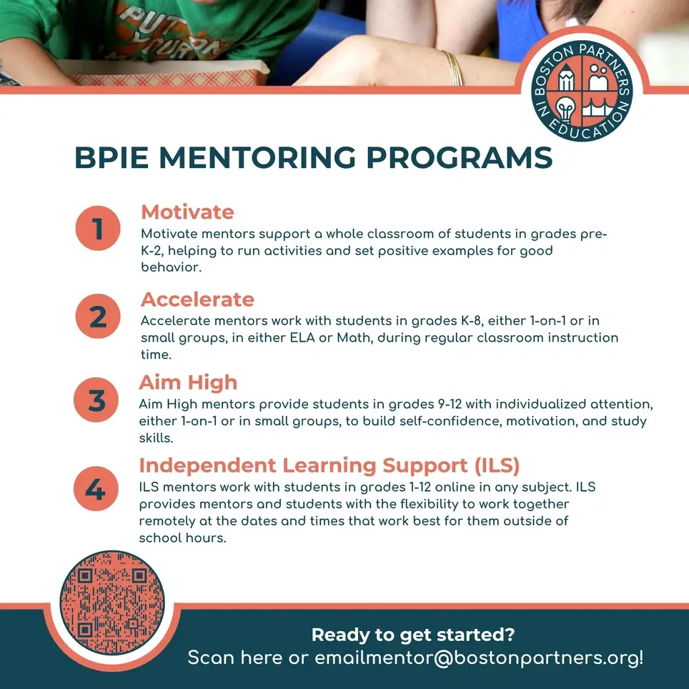 Spanish Speaking Volunteer Academic Mentors needed for 25/26 School Year in Boston Public Schools!