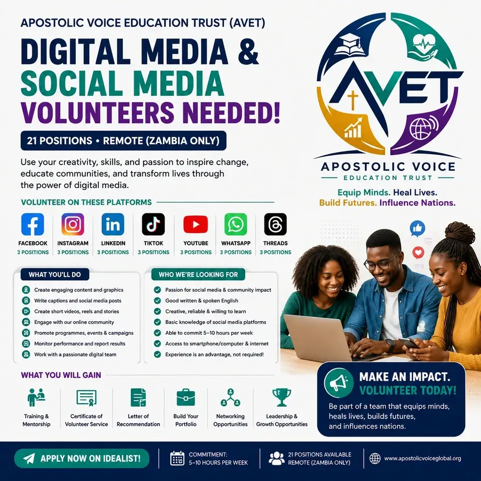Digital Media & Social Media Volunteers (21 Positions) – Apostolic Voice Education Trust (AVET)