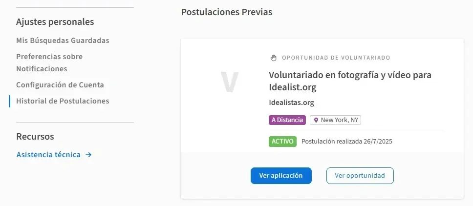 Imagen mostrando el historial de postulaciones en el sitio de Idealist.org