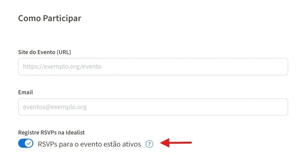 Screenshot do site da Idealist mostrando como habilitar o RSVPs para um anúncio de evento