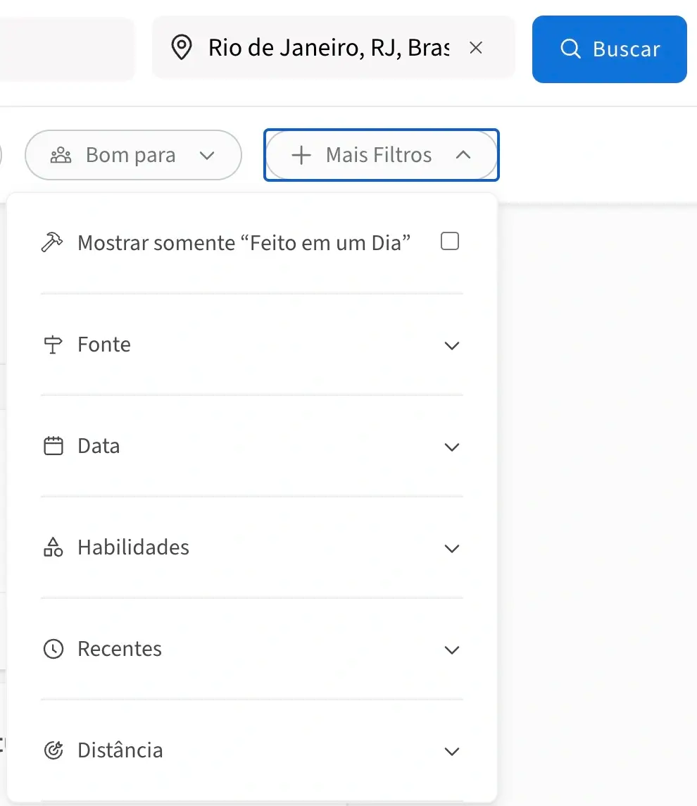 Captura de tela do site do Idealist mostrando como alterar o raio padrão no filtro de pesquisa de Distância