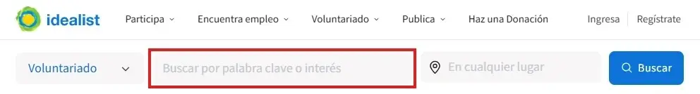 Captura de pantalla del sitio de Idealist mostrando cómo buscar por palabras clave