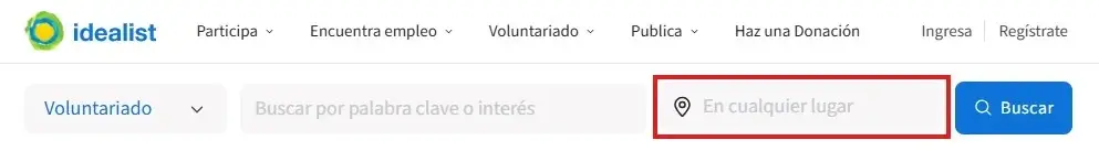 Captura de pantalla del sitio de Idealist mostrando dónde ingresar una ubicación