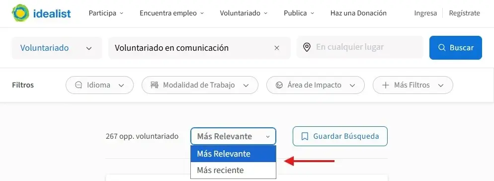 Captura de pantalla del sitio de Idealist mostrando cómo buscar por más relevante o más reciente